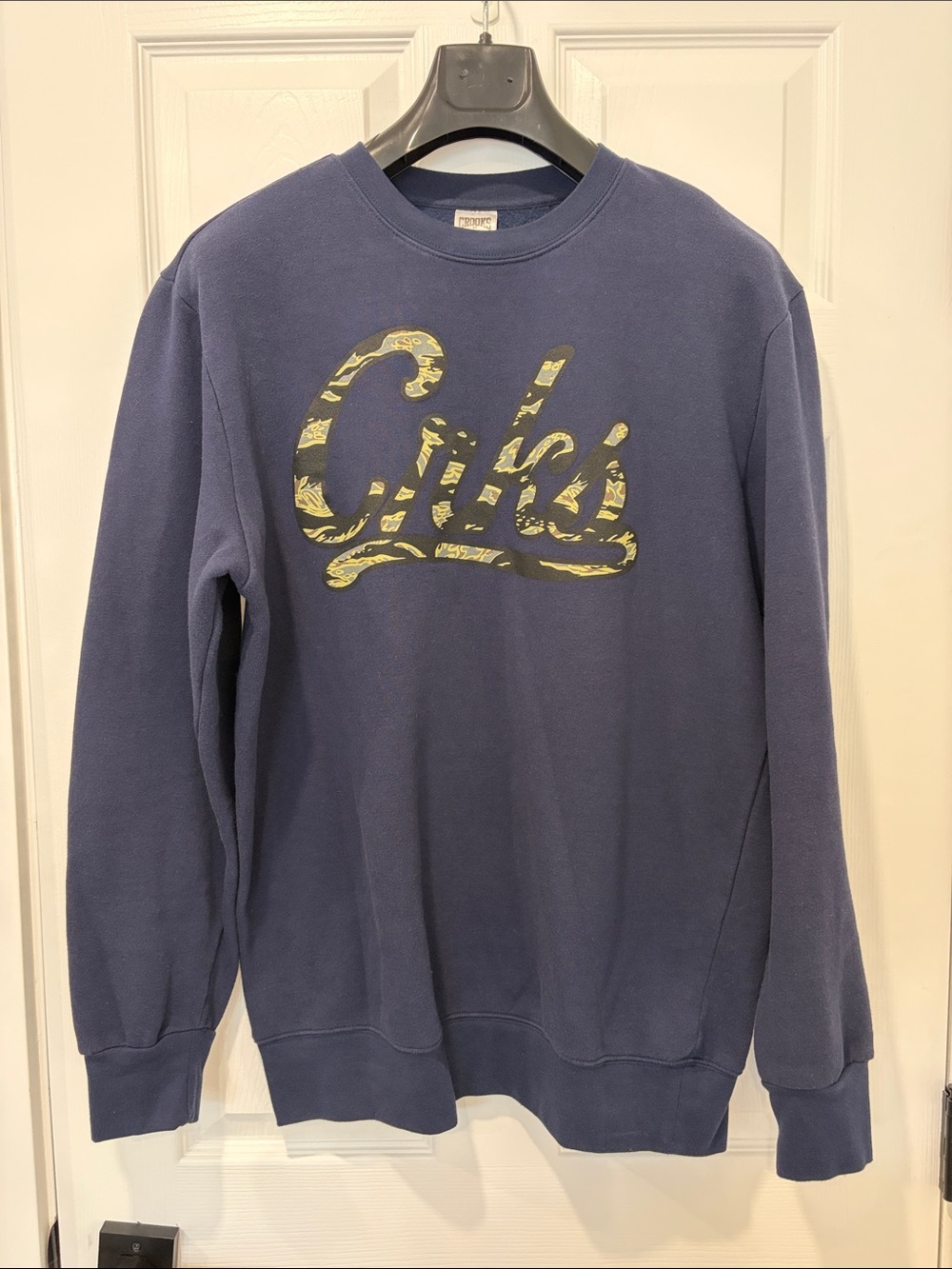 Crooks and Castle Men's Navy Crewneck Sweatshirt with Camo Script Logo